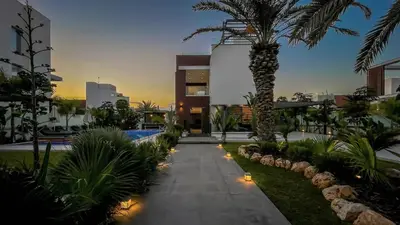 a palm tree in front of a building with lights at Villa Cielo Mare in Ayia Napa