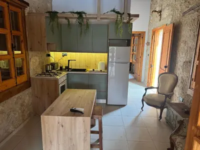 a kitchen with a white refrigerator and a wooden table at Stone house in Pallouriotissa