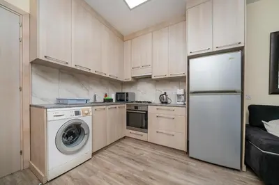 a kitchen with a refrigerator and a dishwasher at Seafront 1 bedroom flat in Limassol