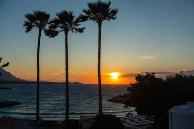 a group of palm trees in front of a sunset at Row 7 Holiday Homes in Kérynia