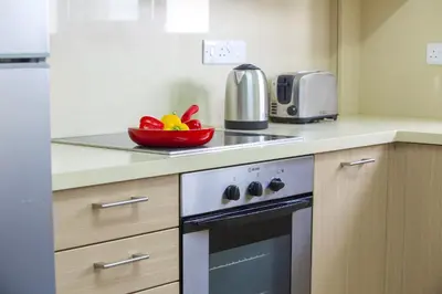 a kitchen with a bowl of fruit on the stove at Omerou Apartment in Nicosia
