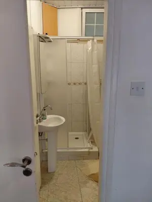 a bathroom with a shower and a sink and a toilet at Queen victoria sea view apartments in Larnaka