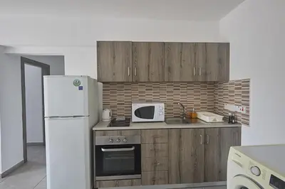 a kitchen with a white refrigerator and a microwave at Napa Apollo 's Nest in Ayia Napa