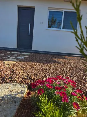 a bunch of pink flowers in front of a house at Relaxing small home