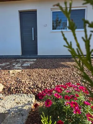 a house with a black door and pink flowers at Relaxing small home