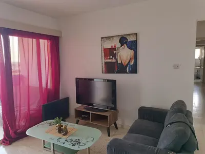 a living room with a couch and a tv at 1 room at sharing flat in Larnaka