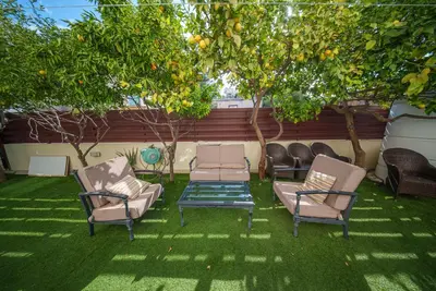 a group of chairs sitting under an orange tree at The Nissi Duo Collection in Ayia Napa