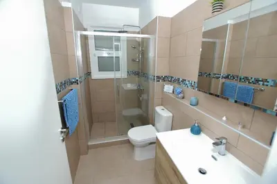 a bathroom with a toilet and a shower and a sink at Villa Acanthus in Pissouri