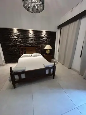 a bedroom with a bed and a chandelier at Kipros Accommodation in Nicosia