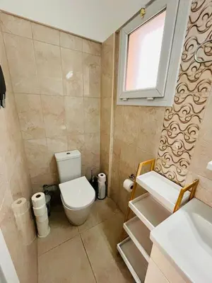 a bathroom with a toilet and a sink and a window at Royal Sun Comfortable Villa in Larnaka