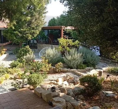 a garden with rocks and trees and a house at Ζεν σπίτι in Limassol