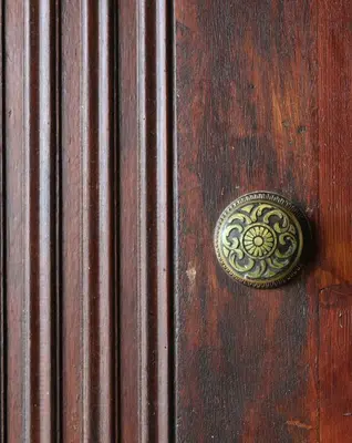 a wooden door with a brass door knocker on it at Orchard View Cottage in Maroni