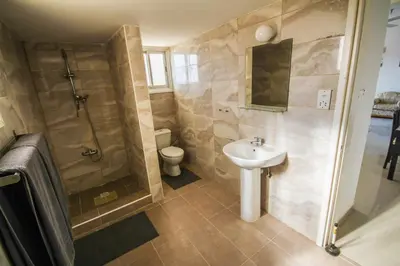 a bathroom with a sink and a shower and a toilet at Orchard View Cottage in Maroni
