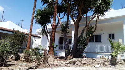 a white house with palm trees in front of it at Orchard View Cottage in Maroni