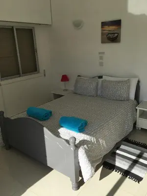 a bedroom with a bed with blue pillows on it at Orchard View Cottage in Maroni