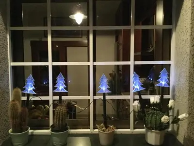 a window with blue christmas trees in it at Nikola's House in Limassol