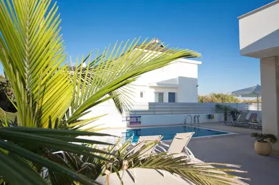 a house with a pool and a palm tree at Flouressia Villa 4 in Protaras