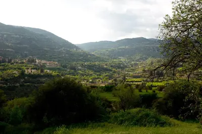 a view of a valley with mountains in the background at The Old Olive Mill House by TrulyCyprus in Doros