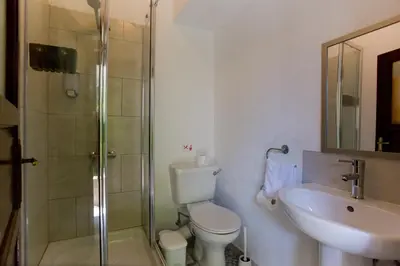 a bathroom with a shower and a toilet and a sink at The Old Olive Mill House by TrulyCyprus in Doros