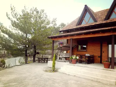 a log cabin with a porch and a patio at Agros Timber Log House in Agros