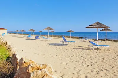 a group of chairs and umbrellas on a beach at Villa Regina in Ayia Napa