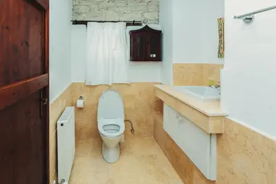 a bathroom with a toilet and a sink at Archondia House - Holiday Apartments With Pool in Kalavasos