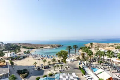 an aerial view of the beach and the ocean at Anonymous Beach Hotel (Adults 16+) in Ayia Napa