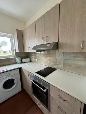 a kitchen with a stove and a sink and a dishwasher at Sea Apartments in Larnaka