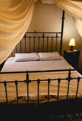 a bedroom with a bed with a canopy at Eveleos Country House in Tochni