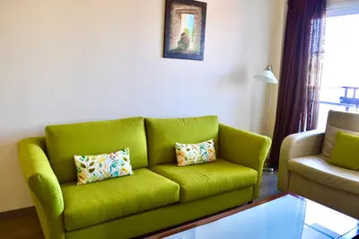 a green couch and a chair in a living room at Lordos Hotel Apartments Nicosia in Nicosia