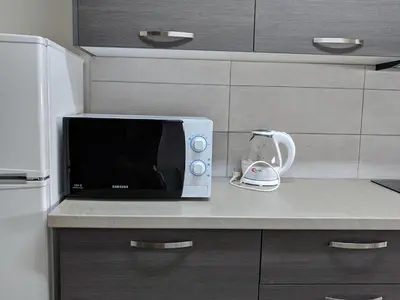 a microwave sitting on a counter in a kitchen at Lordos Hotel Apartments Nicosia in Nicosia