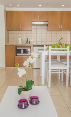 a kitchen with a table with a vase with flowers on it at Alva Hotel Apartments in Protaras