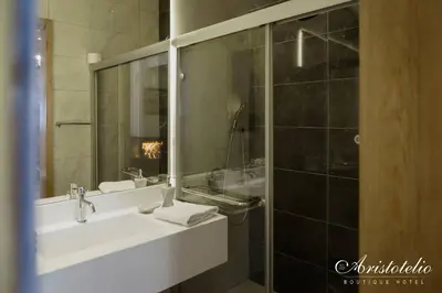 a bathroom with a sink and a mirror at Aristotelio Boutique Hotel in Pedoulas