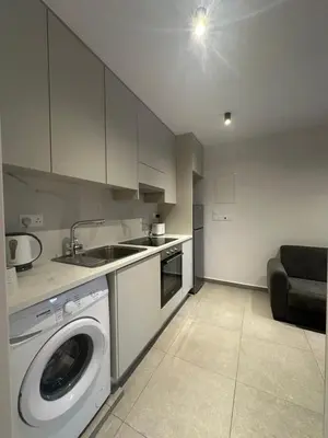 a kitchen with a washing machine and a sink at Royal Sunset Studios & Apartments in Limassol
