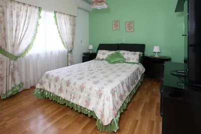 a bedroom with a bed and two windows with curtains at Despoina Town House in Limassol