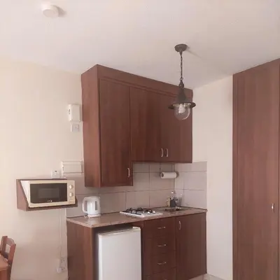 a kitchen with wooden cabinets and a microwave at Estia Vasilis Manoli in Ayia Napa