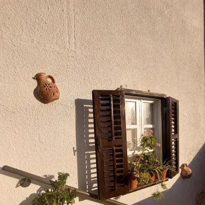 a window on a wall with potted plants on it at Estia Vasilis Manoli in Ayia Napa