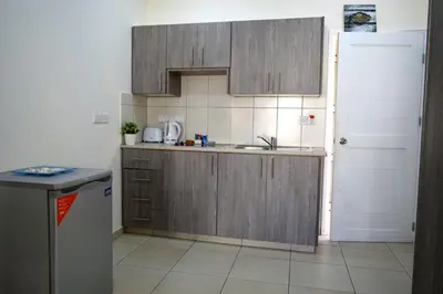 a small kitchen with wooden cabinets and a sink at Cross Road in Ayia Napa