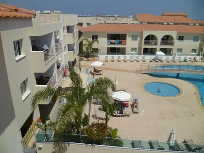 an aerial view of a resort with a swimming pool at Great Kings Resort Apartment 10 Block 19 in Protaras