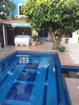 a swimming pool with a tree next to a house at Villa Thermopilon in Larnaka