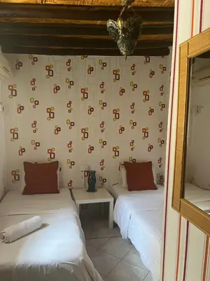 two beds in a room with a wall with a wallpaper at Villa Thermopilon in Larnaka