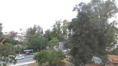 a view of a street with trees and a white car at Modern City Center Apt in Larnaka