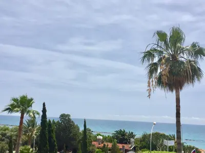 a view of the ocean and palm trees at Sea View Apartment in Limassol