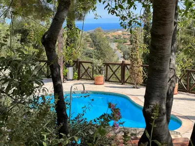 a pool with a view of the ocean through the trees at Anti Onirou in Flasou