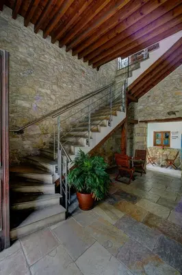 a staircase in a stone building with a potted plant at Alkisti City Hotel in Larnaka