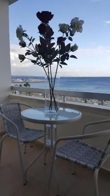 a vase of flowers sitting on a table with a view of the beach at Alex Beach Apartment 33 in Larnaka