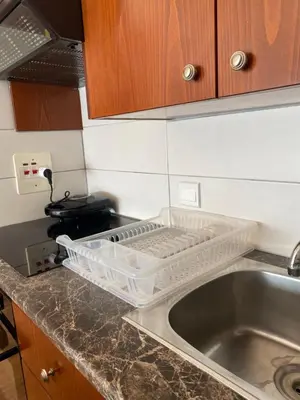 a kitchen counter with a sink and a dish rack at Alex Beach Apartment 33 in Larnaka