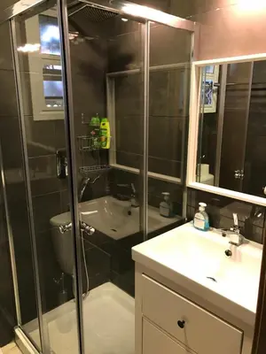 a bathroom with a shower and a sink at Luxury Studio Ayia Napa Center in Ayia Napa