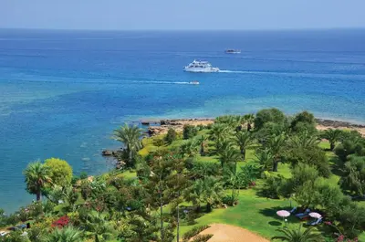 a cruise ship in the ocean with palm trees at Crystal Springs Beach Hotel in Protaras