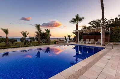 a swimming pool in front of a house with palm trees at Villa Chrysta in Ayios Theodhoros